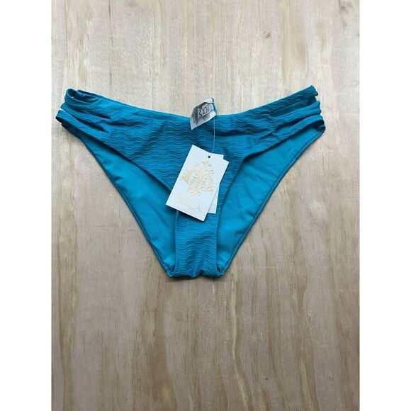 BECCA Turquoise Swimwear Hipster Fineline Bottoms Modern Style Sz S NWTs Straps - Picture 1 of 4